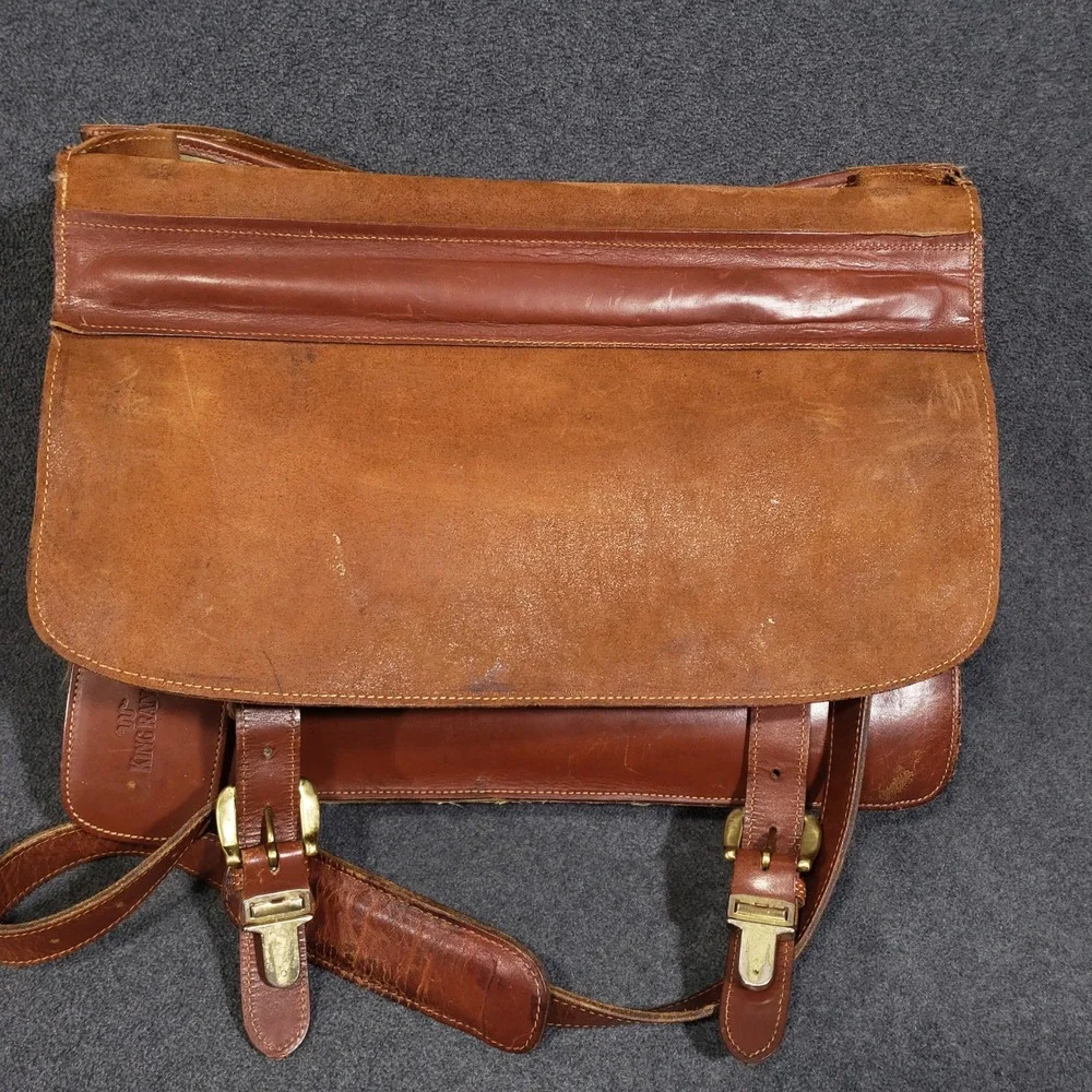 King‎ Ranch Leather Briefcase Mens Large Brown Messenger Bag Brass Running W
